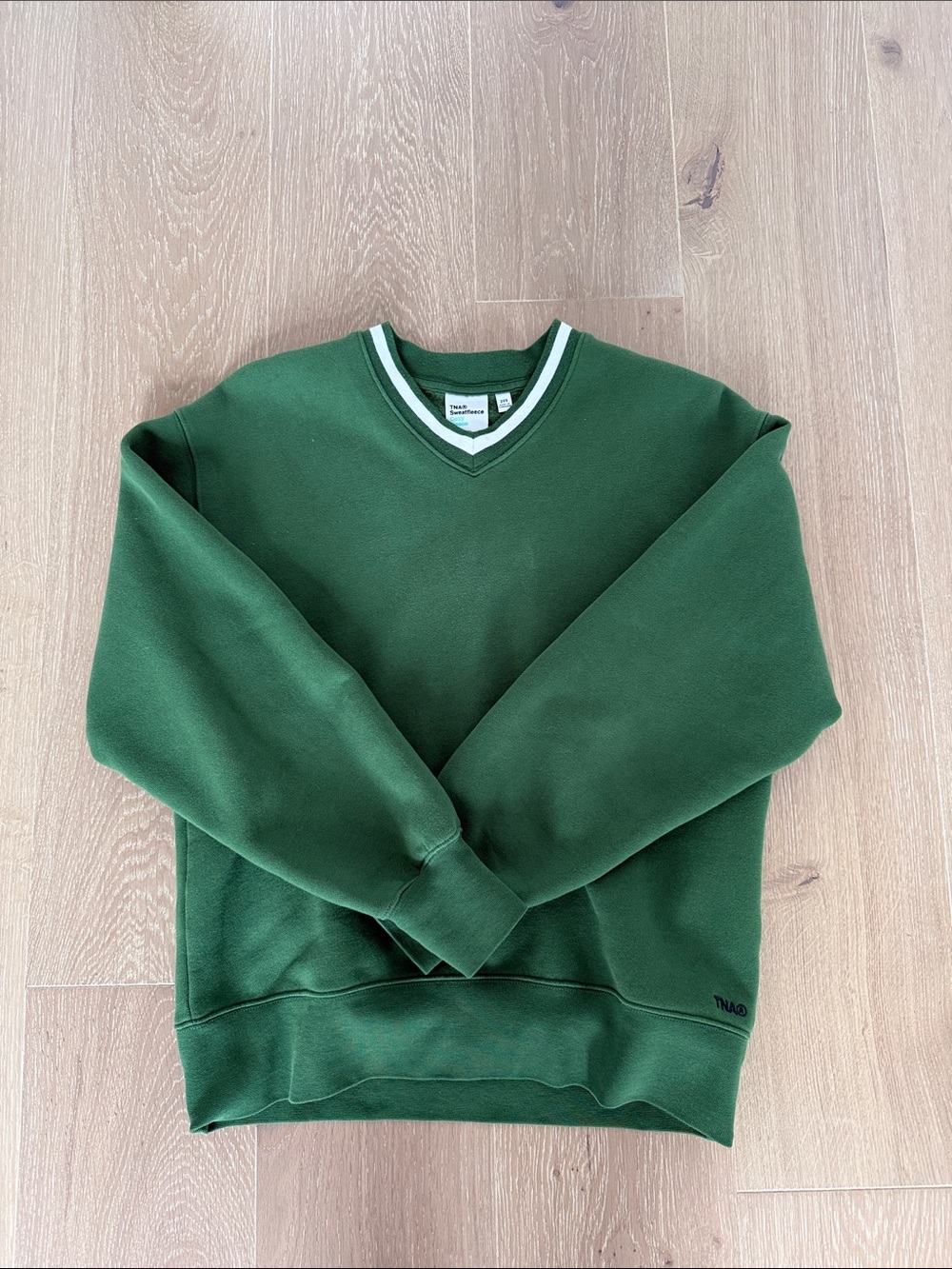 TNA Green V-Neck Sweater with White-Trim